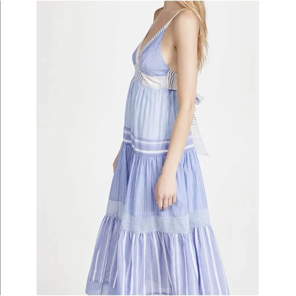 LE SUPERBE Blue White Striped V-Neck Tie Back Strappy Midi Sundress Women’s XS
